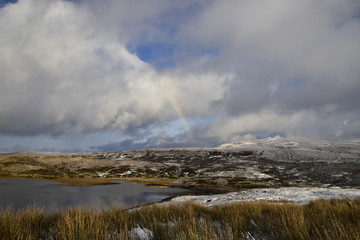 Rainbow at snowy Storr Lochs