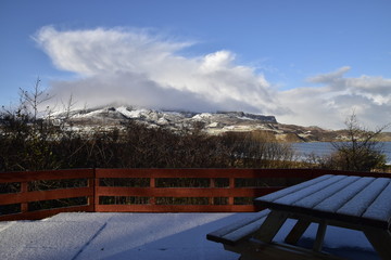 Snowy picnic bench and the Quiraing