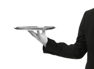Hand of waiter with metal tray on white background
