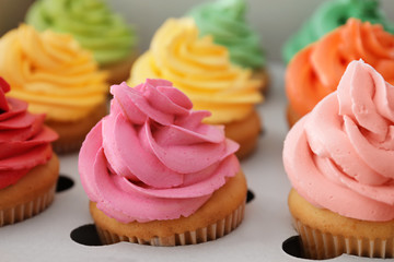 Delicious cupcakes in cardboard package, closeup