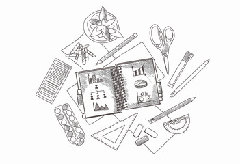 Drawn image of work table with objects