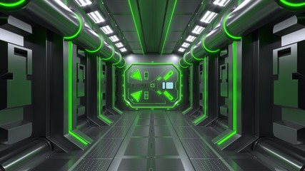 Science background fiction interior room sci-fi spaceship corridors green ,3D rendering
