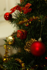 Fototapeta na wymiar Christmas tree and ornaments, christmas background decoration.