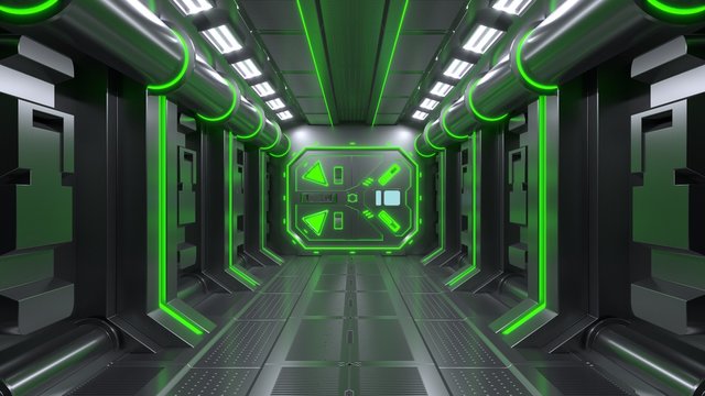 Science background fiction interior room sci-fi spaceship corridors green ,3D rendering