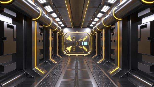 Science background fiction interior room sci-fi spaceship corridors yellow ,3D rendering