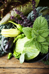 Fresh orgnic italian vegetables on the wooden table, selective focus