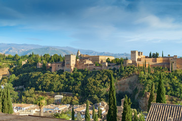 Fototapeta na wymiar The Alhambra, Granada, Spain. A medieval complex of palaces and gardens within an Alcazaba or defensive stone wall.