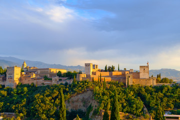 The Alhambra, Granada, Spain. A medieval complex of palaces and gardens within an Alcazaba or defensive stone wall.