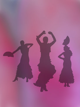 Silhouettes of three female flamenco dancers on rosy pink abstract background illustration.