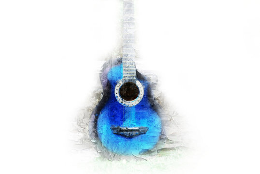 Abstract Guitar in the foreground Close up on Watercolor painting background..