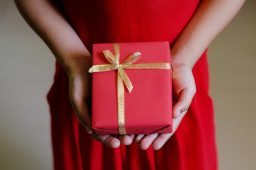 Hand of Kids in Red Dress Hold a Christmas Gift Box with Defocused Background on the Christmas Time.