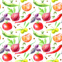 Seamless pattern of a vegetables and herbs.Picture of a pepper, olives, tomato, basil, onion,cloves.Ingredients for cooking.Watercolor hand drawn illustration.White background.