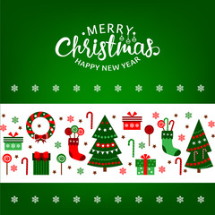 Merry Christmas vector greeting card with Xmas flat elements. Holiday celebration new year green illustration