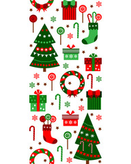 Merry Christmas and Happy New Year vertical border ribbon. Gifts, boxes, tree, socks and sweets in flat style. Vector seamless pattern with objects