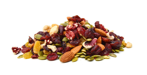 Mix nuts, dry fruits and grapes on a white background