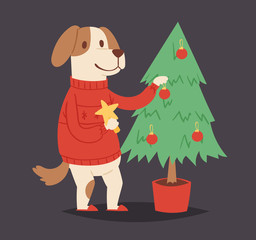 Christmas dog vector cute cartoon puppy and tree character illustration pet doggy Xmas celebrate pose illustration