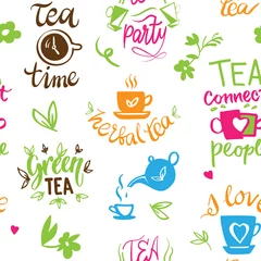 Wallpaper murals Tea Teatime quote set vector lettering cup of tea vintage print tea time typography poster design teapot five o clock isolated illustration seamless pattern background