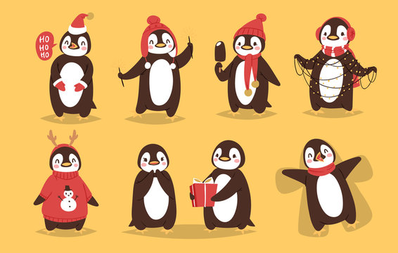 Christmas penguin vector character cartoon cute bird celebrate Xmas playfull happy penguin face smile illustration in santa Red Hat