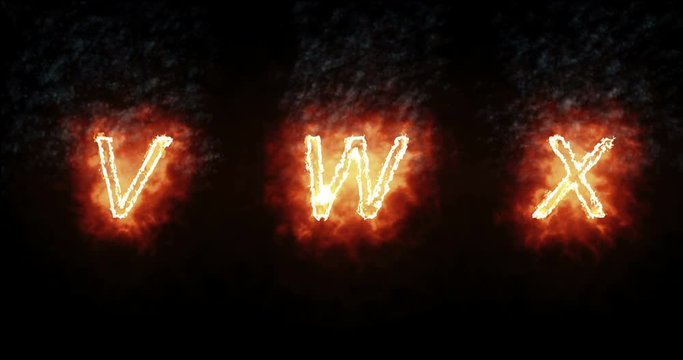 burning font v, w, x, fire word text with flame and smoke on black background, concept of fire heat alphabet decoration text