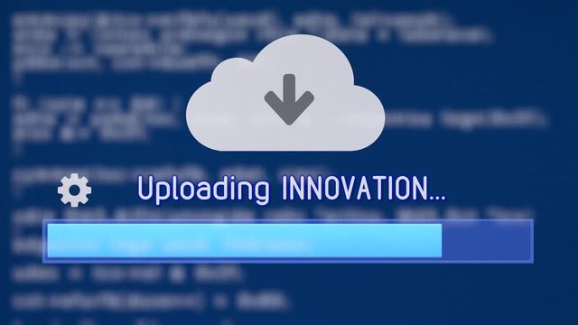 Uploading / downloading Innovation from the cloud. Background: blurred source code scrollling on a blue computer screen.
