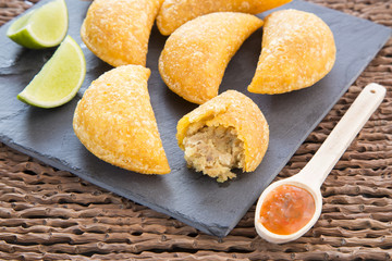 Colombian empanadas on the wooden table