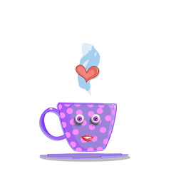 Cute cartoon steaming lilac cup with pink polka dots pattern