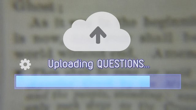 Uploading / downloading Questions from the cloud. Background: blurred shot of browsing the pages of an old book.

