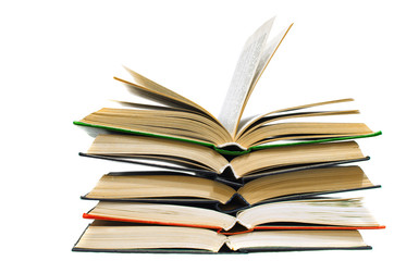 thick stack of open books