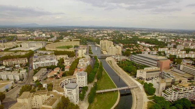 Still aerial drone shot over the River Lez in Montpellier
