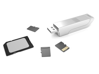 3d illustration of a gray USB flash drive and a set of memory cards on a white background.