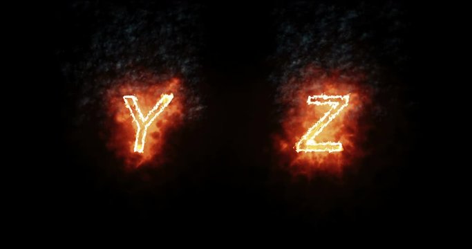 burning font y, z, fire word text with flame and smoke on black background, concept of fire heat alphabet decoration text