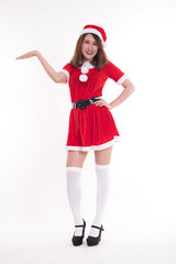 happy woman wearing santa claus dress on white background