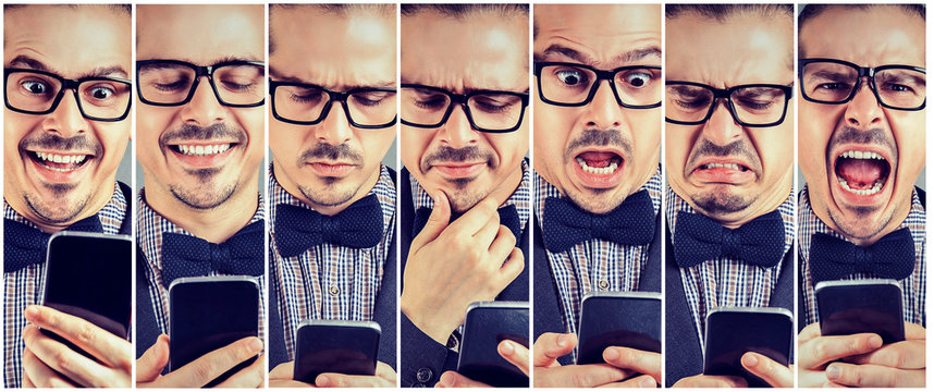 Collage of expressive man with smartphone