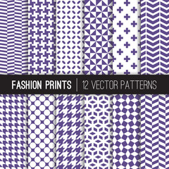 Ultra Violet Fashion Textile Vector Patterns. 2018 Color of the Year. Purple and White Houndstooth, Herringbone, Triangle, Cross, Dots, Chevron. Pattern Tile Swatches Included.