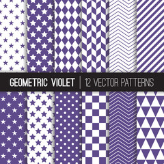 Ultra Violet Geometric Vector Patterns. Backgrounds in Purple Herringbone, Harlequin, Triangles, Chevron, Dots, Checks, Stars & Stripes. 2018 Color of the Year. Pattern Tile Swatches included.