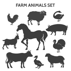 Farm animals silhouettes. Farmyard livestock animal set like horse and cow, goose and turkey, pig and goat isolated on white background, vector icons