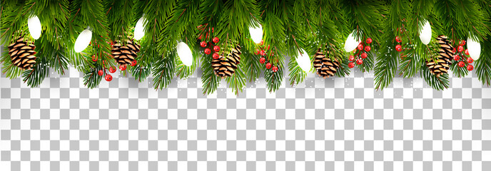 Christmas holiday decoration with branches of tree and pine and garland on transparent background. Vector.