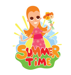 Vector cartoon image of funny girl with long red hair with flowers in hand standing on the background of yellow sun with blue clouds, behind the colored lettering 