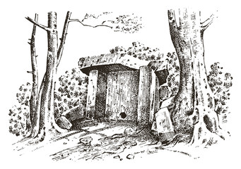 ancient cave. prehistoric house of wood or stone rock with the remains of a man. forest landscape. habitat of pristine civilizations. close up. engraved hand drawn in old sketch, vintage style.