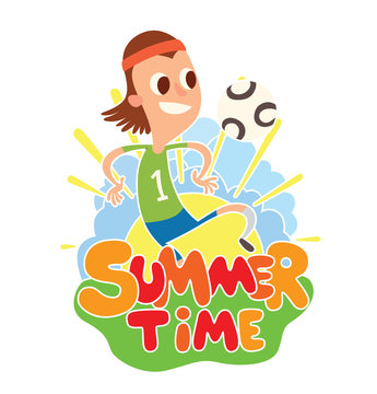 Vector cartoon image of funny boy with brown hair playing with a white-black ball on the background of yellow sun with blue clouds, behind the colored lettering "Summer time" on a white background.