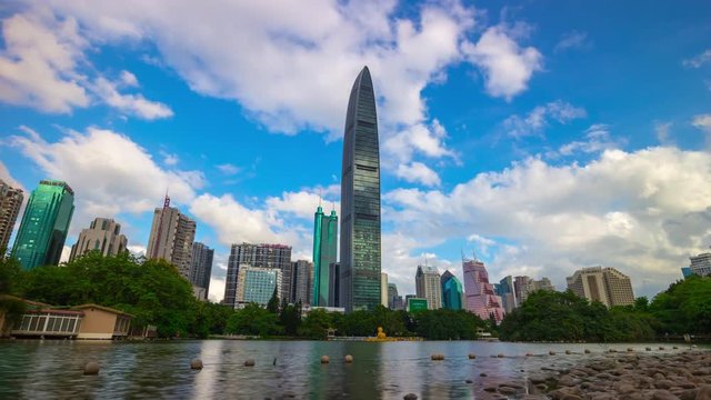 blue sky sunny day shenzhen city park lake panorama 4k timelapse china
