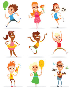 Vector cartoon image of a set of different children with different color hair and skin, with different attributes of the summer in hands on a white background. Vacation, summer. Vector illustration.
