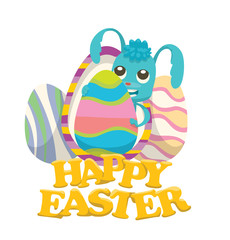 Vector Easter card with big colorful Easter eggs, green words "Happy Easter" and with cartoon image of blue Easter bunny in the center with colorful Easter egg and brush in paws on a white background