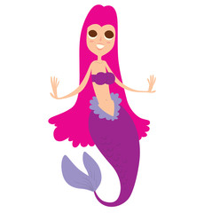 Vector cartoon image of a funny beautiful mermaid with bright pink long hair, purple tail and bra, smiling on a white background. Undersea world. Vector illustration.