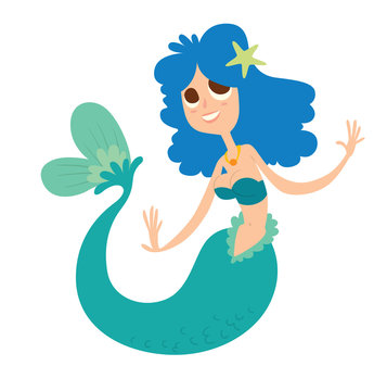 Vector cartoon image of a funny beautiful mermaid with blue wavy hair, turquoise tail and bra, and green star in her hair, smiling on a white background. Undersea world. Vector illustration.