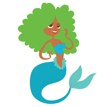 Vector cartoon image of a funny beautiful mermaid with green lush curly hair, light blue tail and bra, smiling on a white background. Undersea world. Vector illustration.