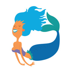 Vector cartoon image of a funny beautiful mermaid with blue hair, bright blue tail and purple bra, smiling on a white background. Undersea world. Vector illustration.