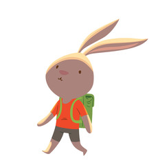 Obraz premium Vector cartoon image of a cute little gray rabbit - schoolboy in gray shorts and red T-shirt with green school bag behind his back on a white background. School education, animals. Vector illustration