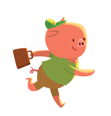 Vector cartoon image of a cute little pink pig - schoolboy in brown shorts, green t-shirt and cap with brown school bag in his hoof on a white background. School education animals. Vector illustration