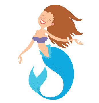 Vector cartoon image of a funny beautiful mermaid with brown hair, light blue tail and purple bra, smiling on a white background. Undersea world. Vector illustration.